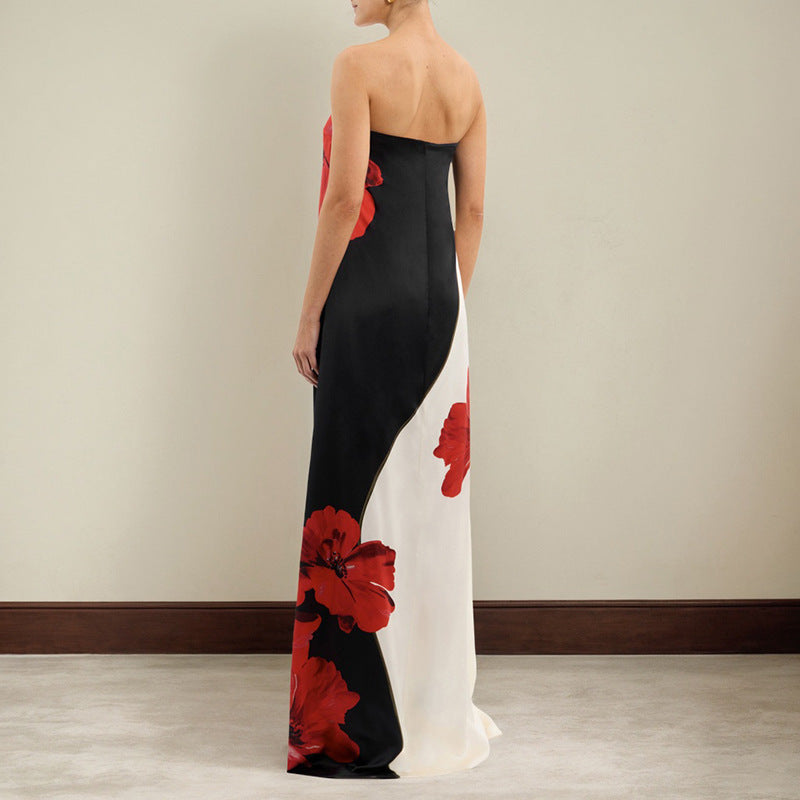 Contrast Color Sleeveless Sexy Print Tube Top Length Dress