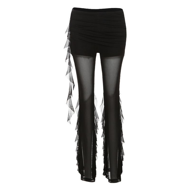 Fashion Women's Wear Ruffled Pleated Mesh Stitching See-through Casual Pants