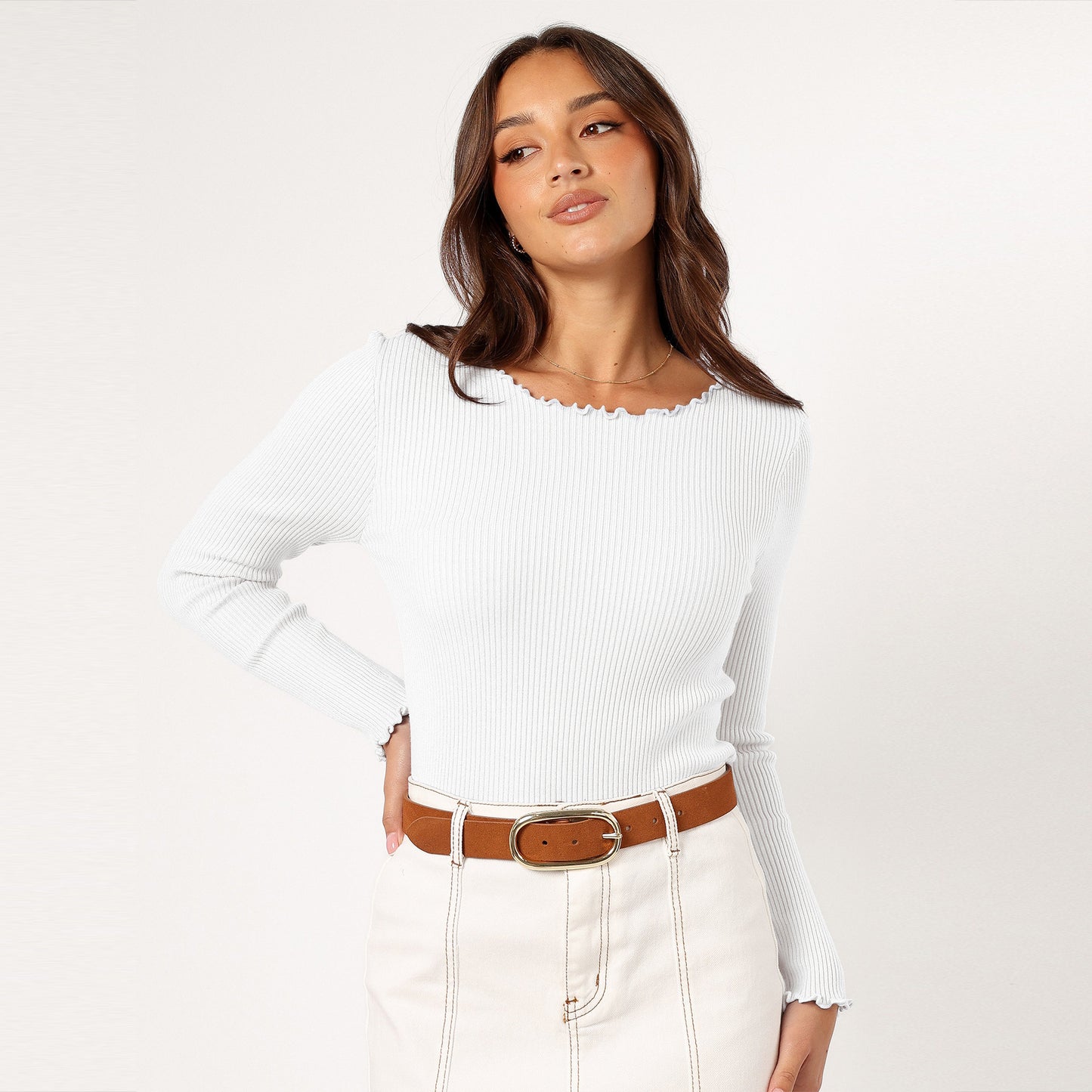 Round Neck Long Sleeve Slim Fit Shoulder Rib Women's Top
