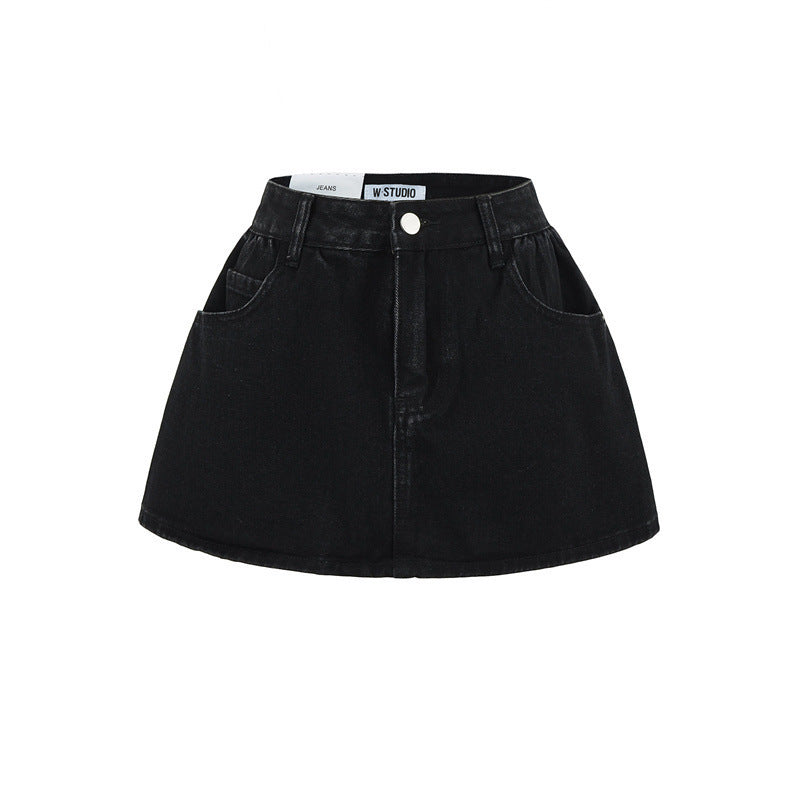 Retro Mid-low Waist Anti-exposure Denim A- Line Bubble Short Skirt