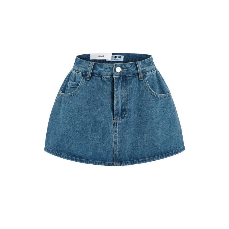 Retro Mid-low Waist Anti-exposure Denim A- Line Bubble Short Skirt