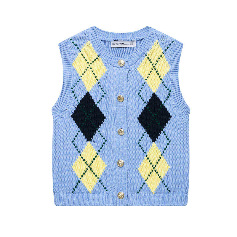 Preppy Style Round Neck Diamond Plaid Sleeveless Button Knitted Vest