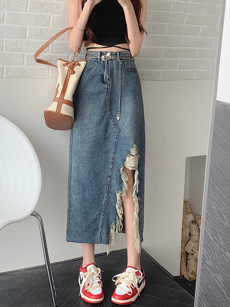 Design Irregular Slit Denim Skirt For Women Summer Retro Slim Mid-length Hip-wrapped A-line Skirt