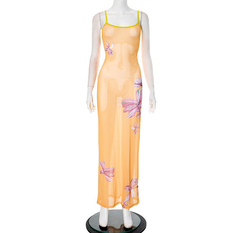 European And American Sleeveless Sexy See-through Spaghetti-strap Floral Print Dress