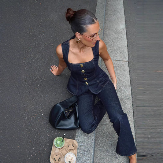Women's Fashion Casual Single-breasted Denim Vest Pants