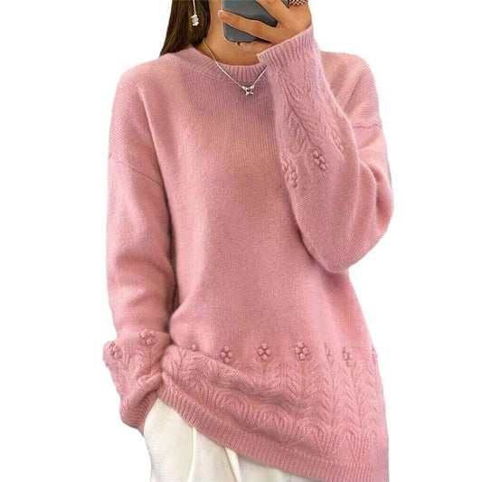 Women's Round Neck Solid Color Sweater Top Vintage Crocheted Pullover