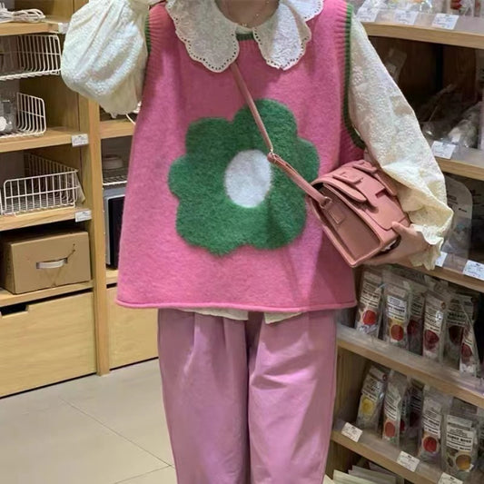 Spring Autumn Outerwear Lace-up Towel Embroidery Flower Knitted Vest