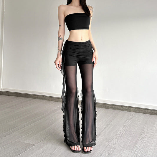 Fashion Women's Wear Ruffled Pleated Mesh Stitching See-through Casual Pants