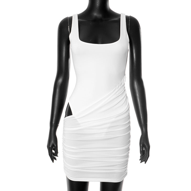 European And American Solid Color U Collar Sleeveless Sexy Sheath Dress