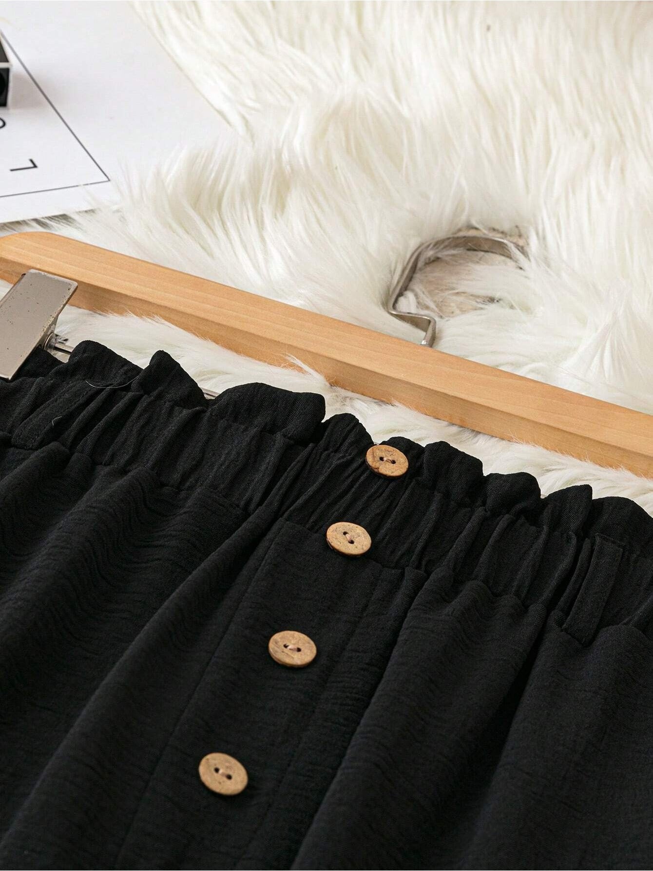 Women's Plus Size Teacher Pants - Black Straight-Leg Trousers With Pockets, Elastic Waistband With Wooden Button Decor, Soft Comfortable Fabric, Multifunctional Daily Wear