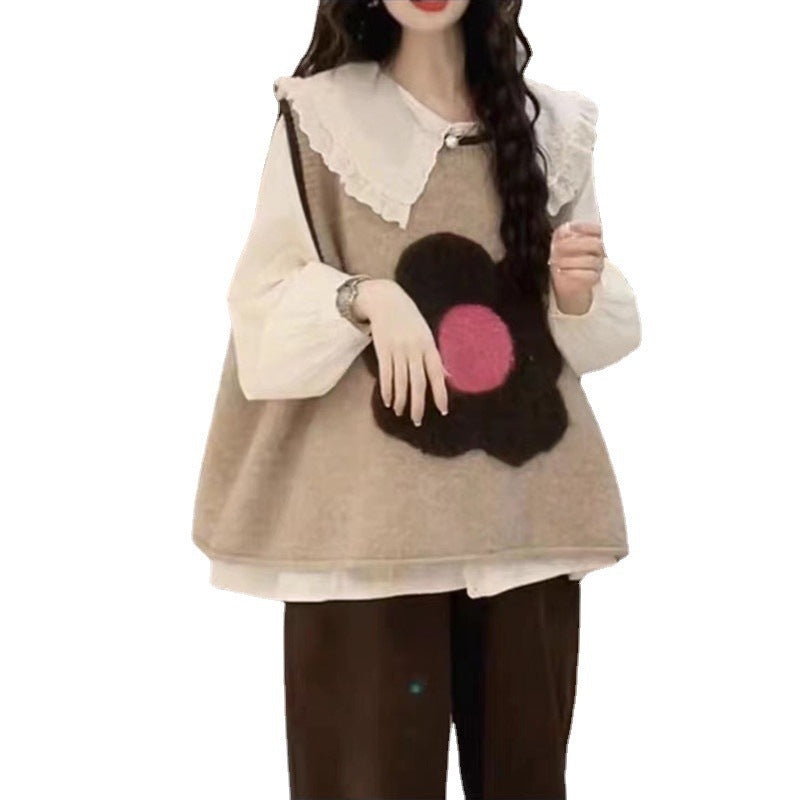 Spring Autumn Outerwear Lace-up Towel Embroidery Flower Knitted Vest