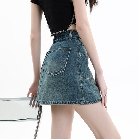 Denim A-line Short Skirt High Waist Slim Fit Fashion All-match Hot Girl Trend Hip Skirt