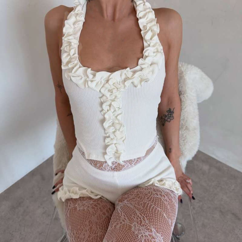 Fashion Women's Crop-top Spaghetti-strap Shorts Suit