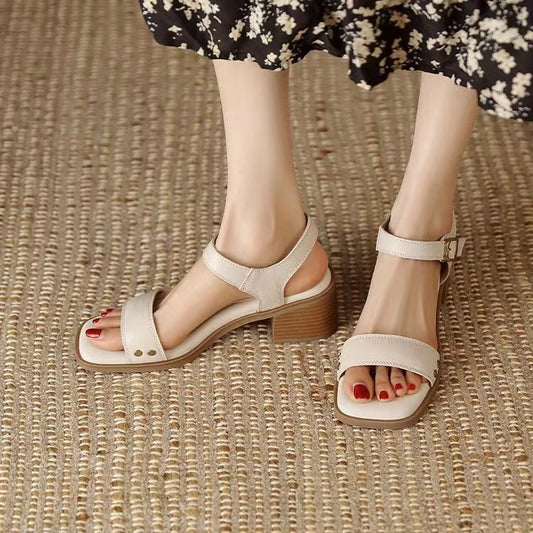 Women's French Style With Chunky Heel All-matching Open Toe Square Toe High Heel Sandals
