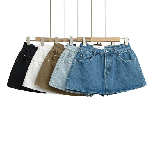 Retro Mid-low Waist Anti-exposure Denim A- Line Bubble Short Skirt