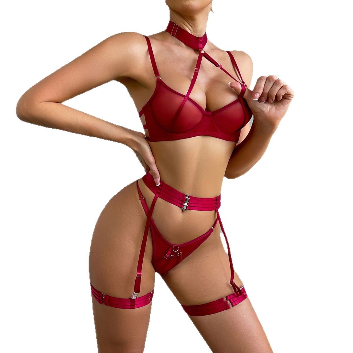 See-through Halter Bra Four-piece Set For Women
