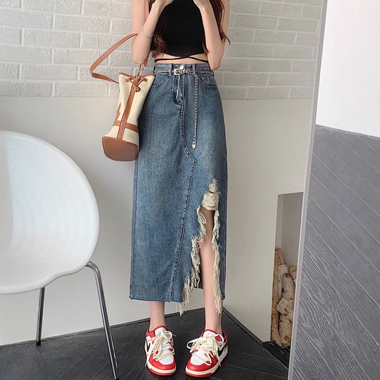 Design Irregular Slit Denim Skirt For Women Summer Retro Slim Mid-length Hip-wrapped A-line Skirt
