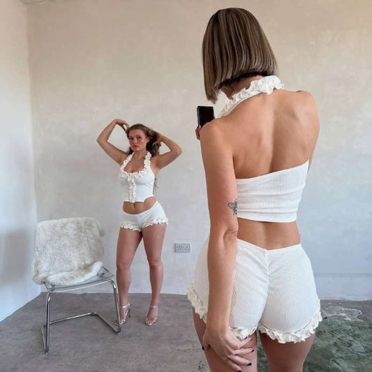 Fashion Women's Crop-top Spaghetti-strap Shorts Suit