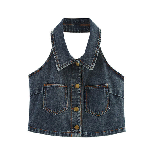 Sexy Big Backless Lapel Halter Denim Camisole