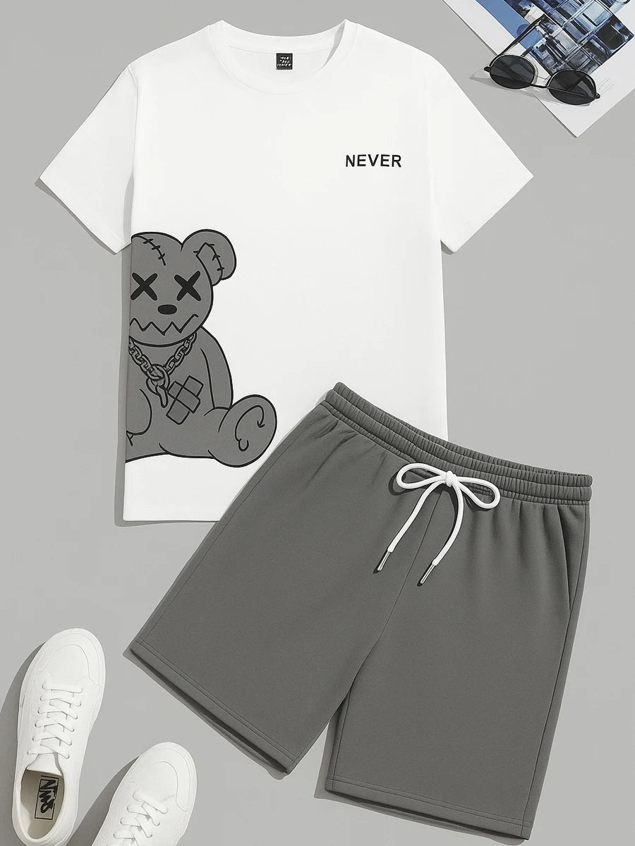 2025 Summer New Men's Creative Cartoon 2d Pattern Short Sleeve Cotton T-Shirt And Drawstring Shorts Two Piece Set Unisex T-Shirt