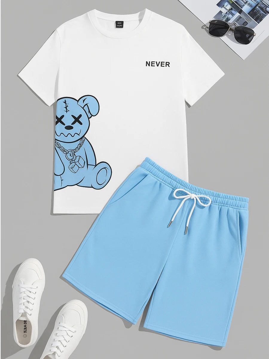 2025 Summer New Men's Creative Cartoon 2d Pattern Short Sleeve Cotton T-Shirt And Drawstring Shorts Two Piece Set Unisex T-Shirt