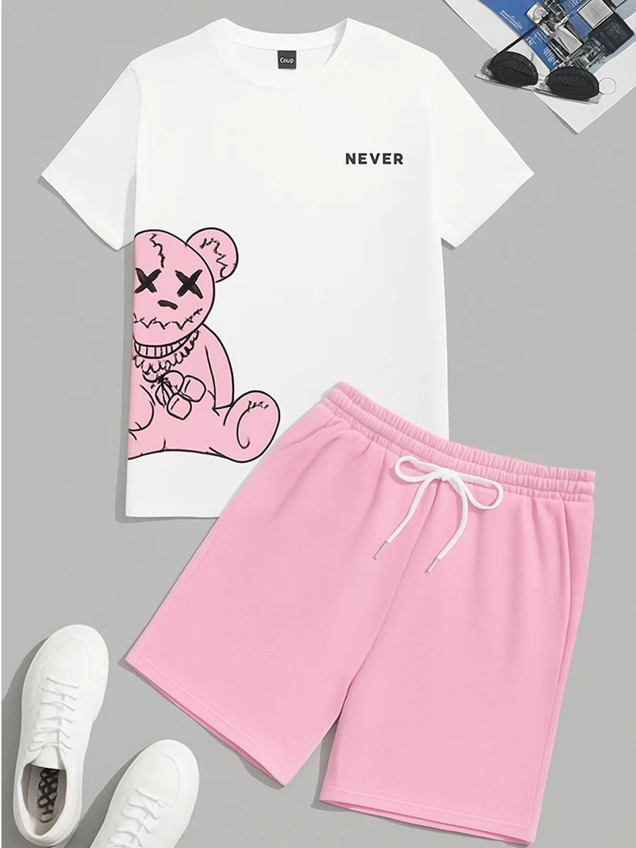 2025 Summer New Men's Creative Cartoon 2d Pattern Short Sleeve Cotton T-Shirt And Drawstring Shorts Two Piece Set Unisex T-Shirt