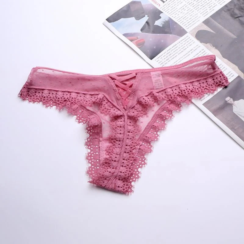 SP&CITY European Bandage Lace Transparent Women's Underwear Sexy Thongs See Trough Hollow Out Panties Mesh Seamless Briefs Tanga