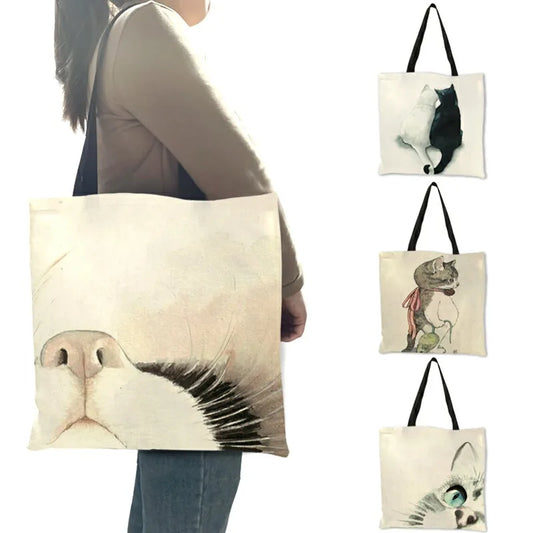 Watercolor Hand Painted Tote Bags Floral Cute Cat Print Shoulder Bag For Women Lady  Office Handbag Daily Casual Shopping Bags