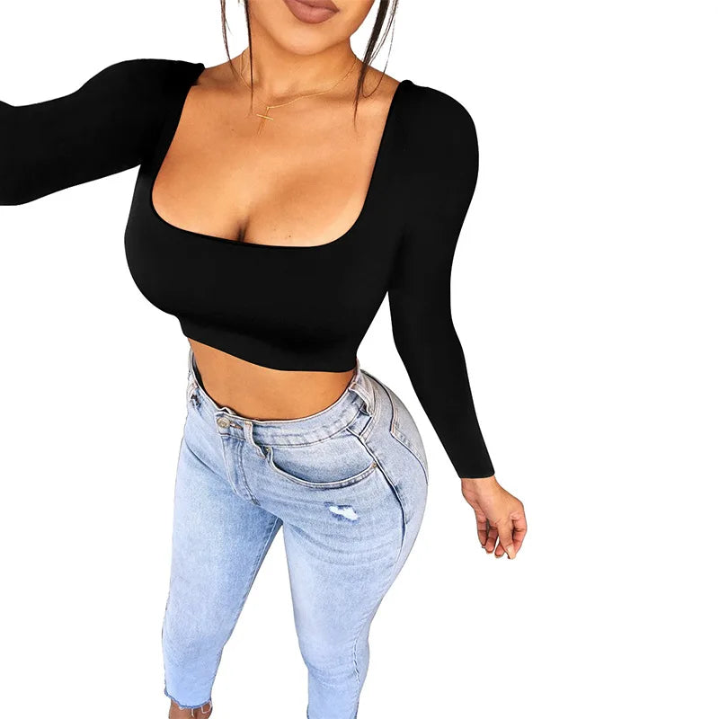 Summer Spring Crop Top Long Sleeve Women Black Sexy Shirt White Square Neck Casual Tee Top Mujer Ladies