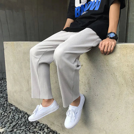 Pleated Pants Men Summer Straight Casual Pants Men Japanese Streetwear Loose Ice Silk Pants Mens Wide Leg Pants Man Trousers