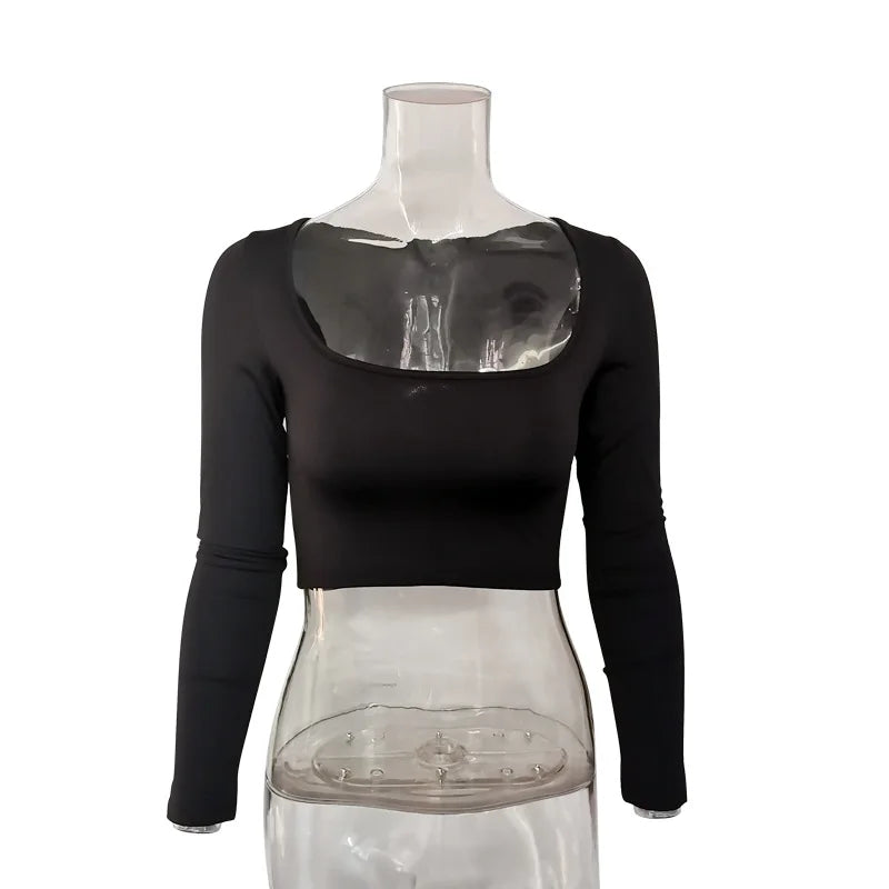 Summer Spring Crop Top Long Sleeve Women Black Sexy Shirt White Square Neck Casual Tee Top Mujer Ladies