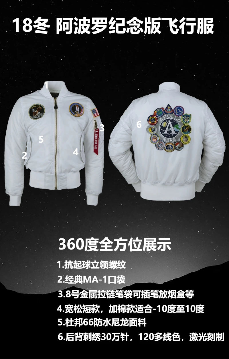 Winter bomber flight jacket vintage MA-1 APOLLO men coat streetwear warm varsity hip hop baseball letterman pilot us air force