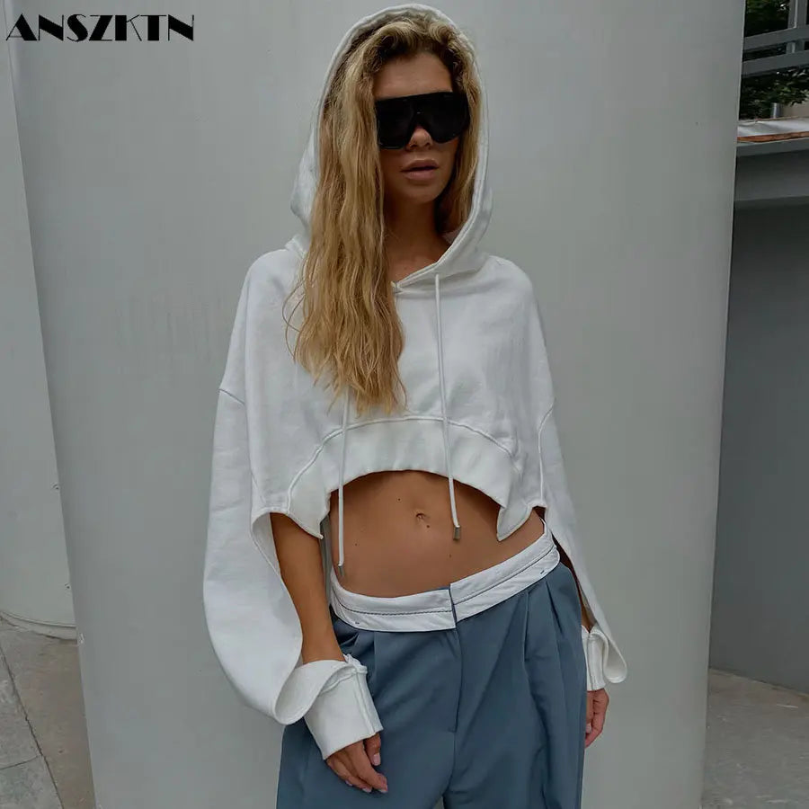 ANSZKTN Women  Autumn Solid Sweatshirt Hooded Long Sleeve Drawstring Casual Womens Short Versatile Hooded Tops Hoodie