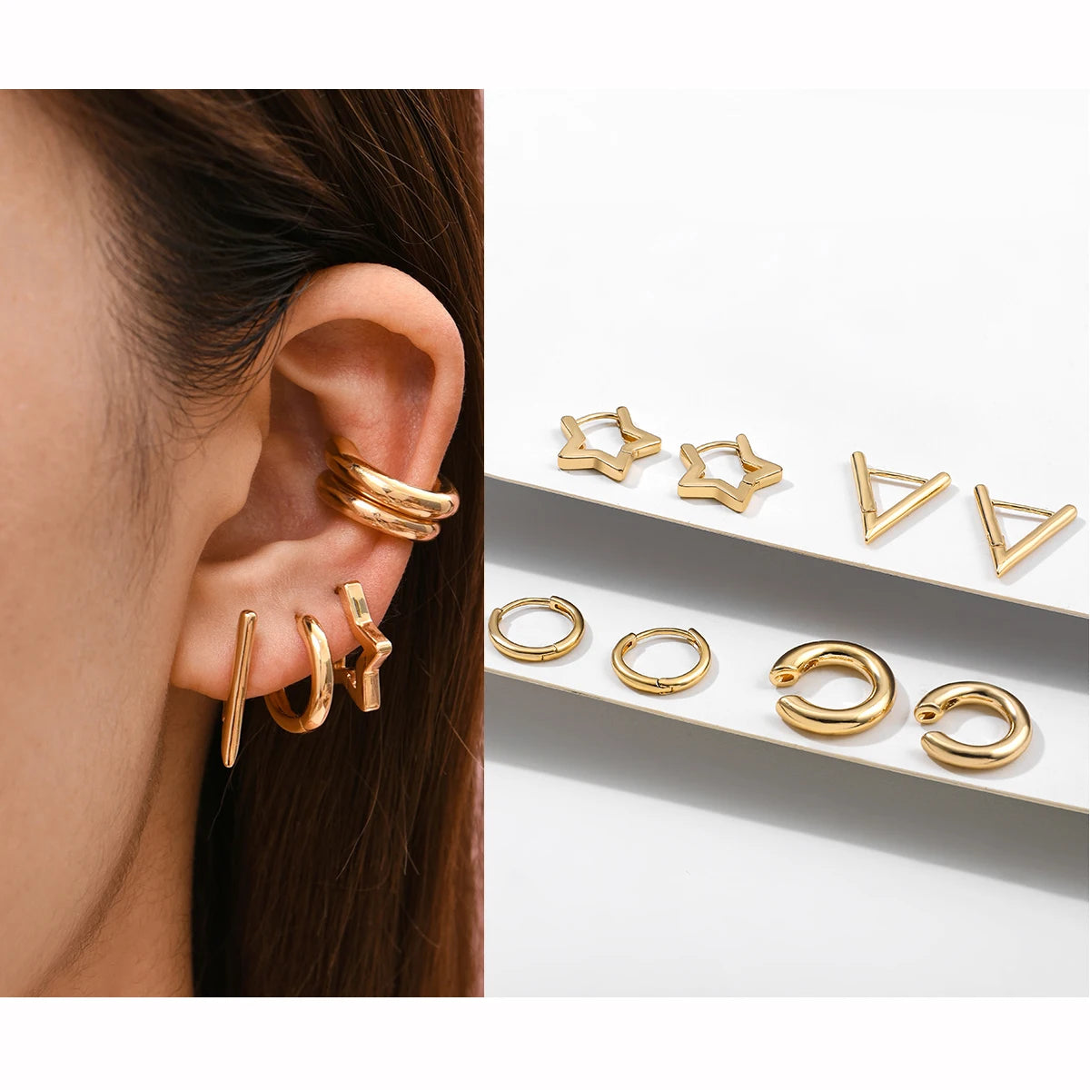 Punk Rock Helix Fake Cartilage Ear Cuff with Long Chain Circle Hoop Earrings Set for Women Tiny Piercing Huggie Earring Jewelry
