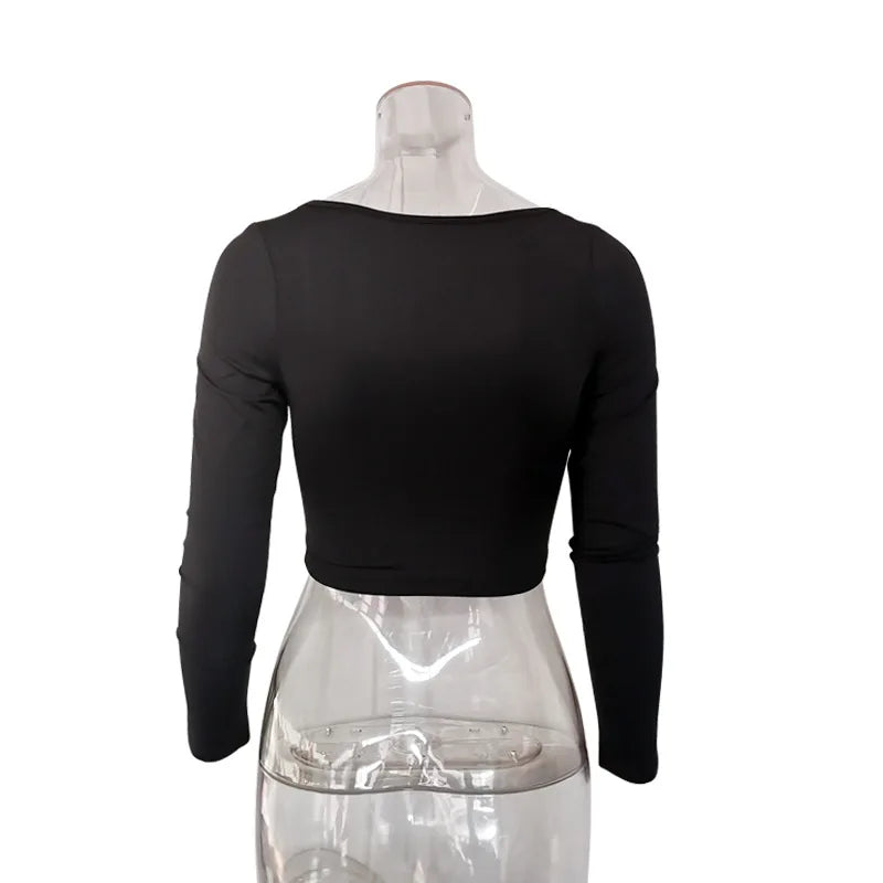 Summer Spring Crop Top Long Sleeve Women Black Sexy Shirt White Square Neck Casual Tee Top Mujer Ladies
