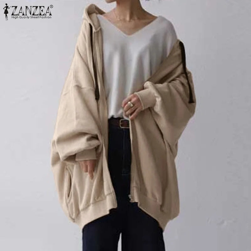 ZANZEA Long Sleeve Korean Style Sweatshirts Hooded Oversize Street Fashion Loose Casual Hoodies Autumn Drawstring Women Outwears