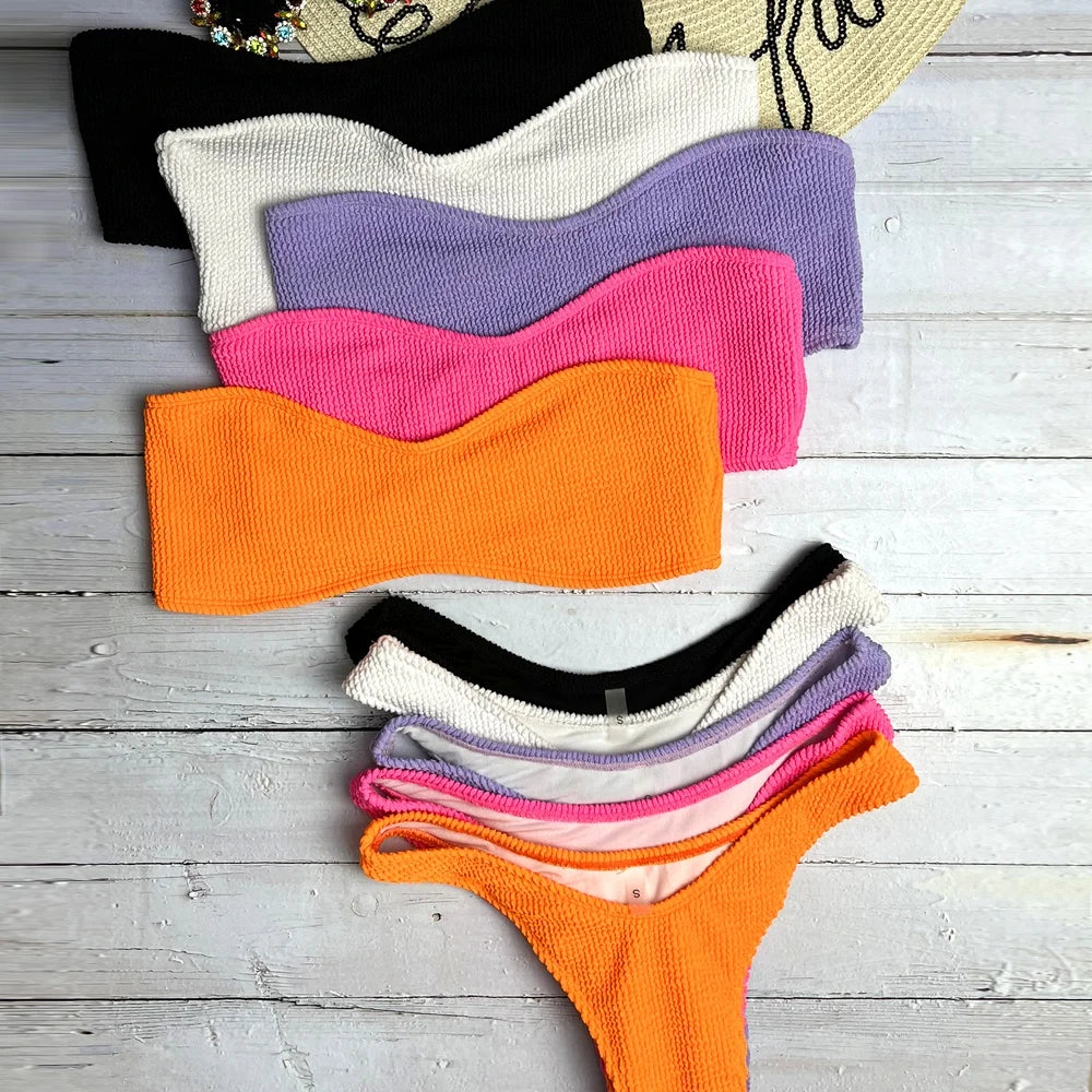 Dropshipping Fashion Eco Friendly Crinkle Fabric Swimsuit Bandeau Bikini Set Sexy Bathing Suits