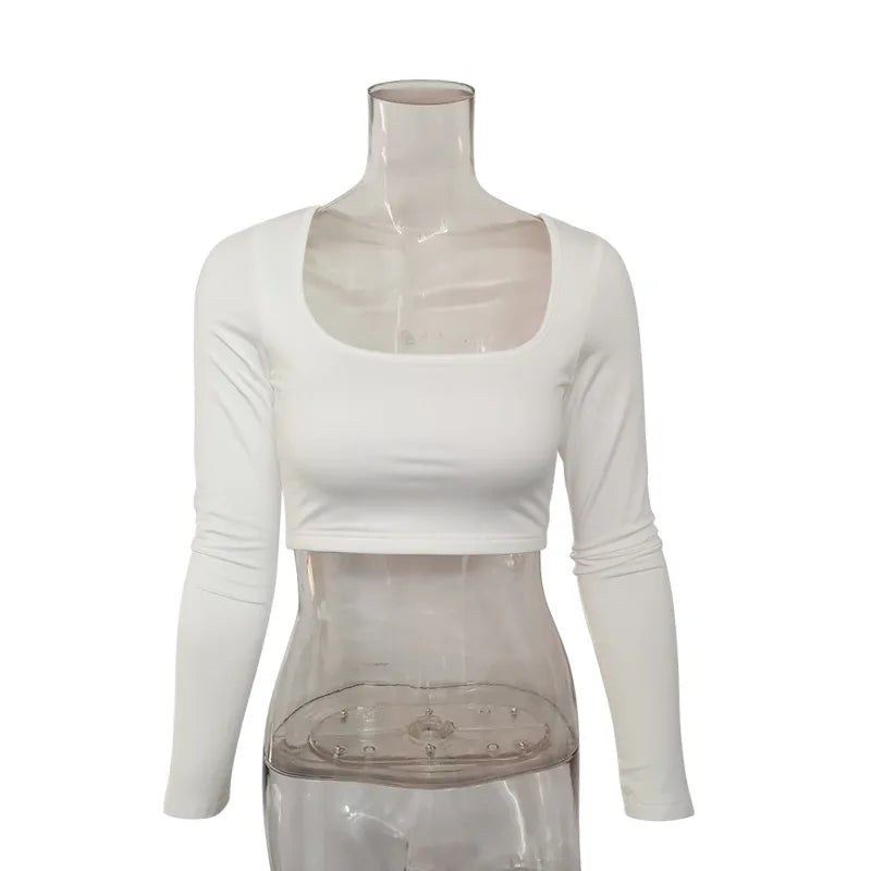 Summer Spring Crop Top Long Sleeve Women Black Sexy Shirt White Square Neck Casual Tee Top Mujer Ladies