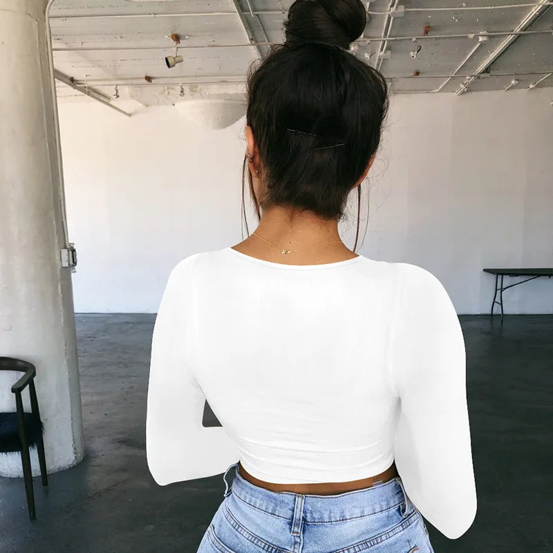 Summer Spring Crop Top Long Sleeve Women Black Sexy Shirt White Square Neck Casual Tee Top Mujer Ladies