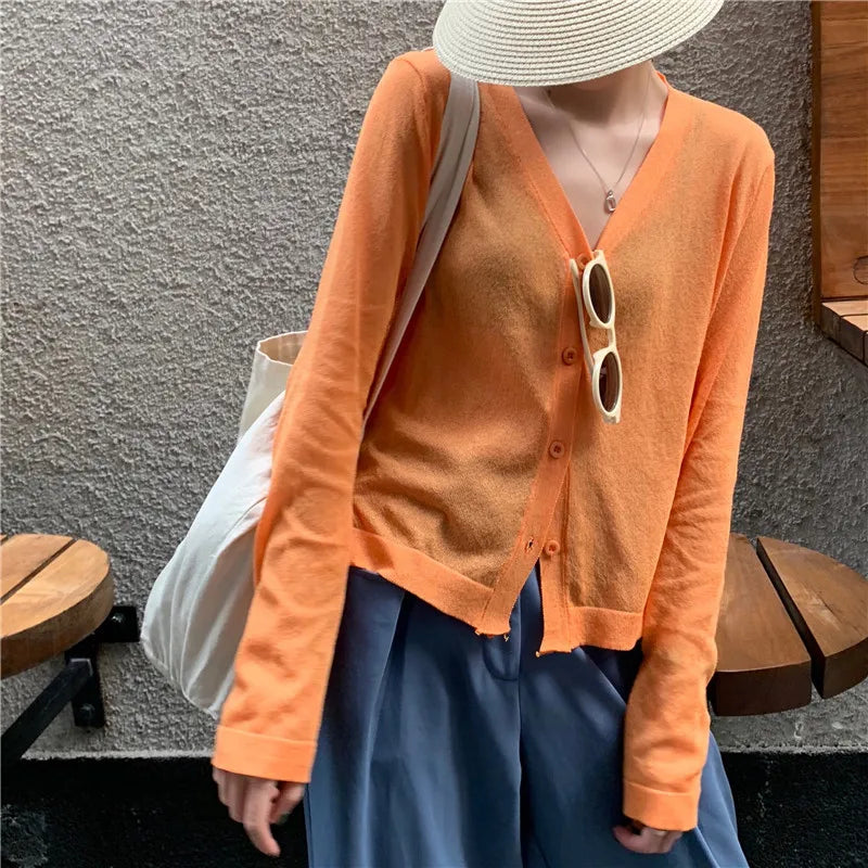 Cardigan Shirt Women Tops Korean Long Sleeve Cardigan Summer Tops V Neck Thin Knitted Sunscreen Shirt Sweater Blusas Mujer E600