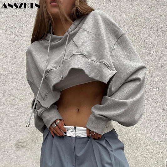 ANSZKTN Women  Autumn Solid Sweatshirt Hooded Long Sleeve Drawstring Casual Womens Short Versatile Hooded Tops Hoodie