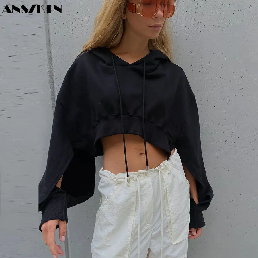 ANSZKTN Women  Autumn Solid Sweatshirt Hooded Long Sleeve Drawstring Casual Womens Short Versatile Hooded Tops Hoodie