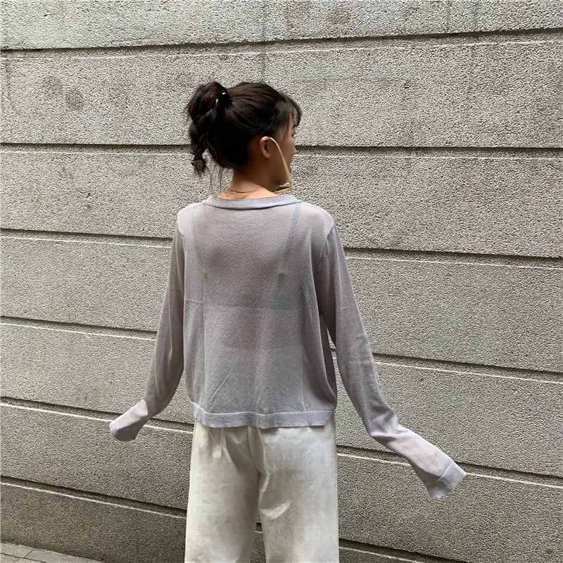 Cardigan Shirt Women Tops Korean Long Sleeve Cardigan Summer Tops V Neck Thin Knitted Sunscreen Shirt Sweater Blusas Mujer E600