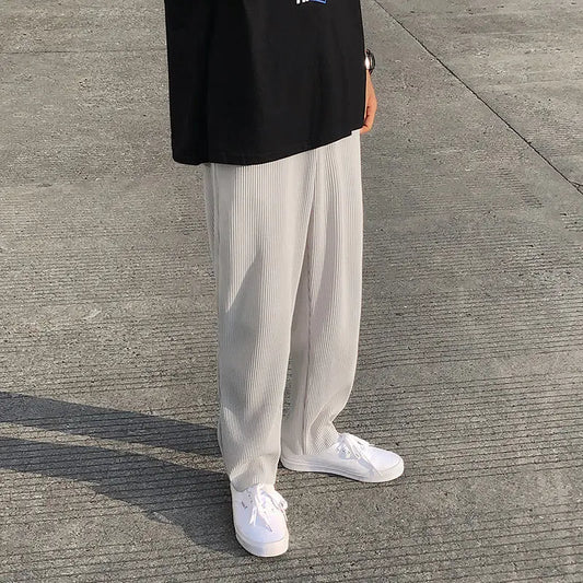Pleated Pants Men Summer Straight Casual Pants Men Japanese Streetwear Loose Ice Silk Pants Mens Wide Leg Pants Man Trousers