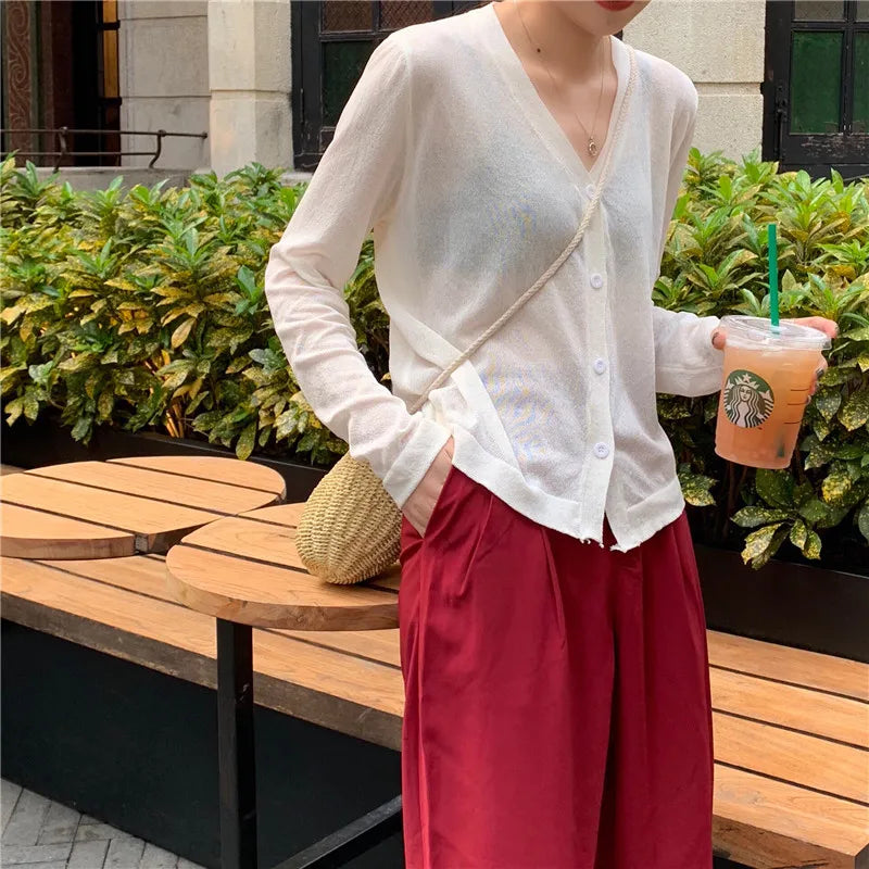 Cardigan Shirt Women Tops Korean Long Sleeve Cardigan Summer Tops V Neck Thin Knitted Sunscreen Shirt Sweater Blusas Mujer E600