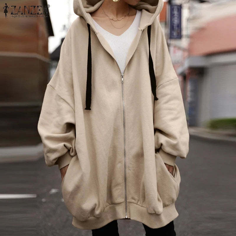 ZANZEA Long Sleeve Korean Style Sweatshirts Hooded Oversize Street Fashion Loose Casual Hoodies Autumn Drawstring Women Outwears