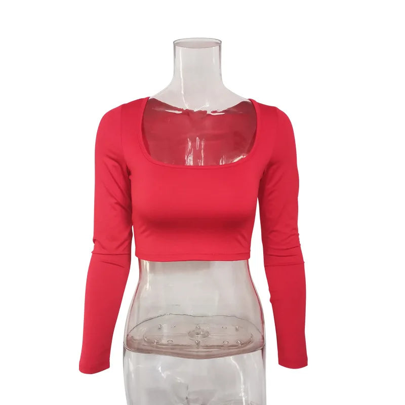 Summer Spring Crop Top Long Sleeve Women Black Sexy Shirt White Square Neck Casual Tee Top Mujer Ladies