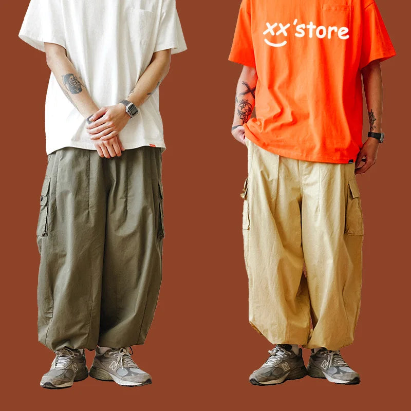 Multi-Pocket Cargo Pants Men's Casual Solid Straight Baggy Wide-leg Cropped Trousers Men Ankle-length Jogger Pants Harem Pants