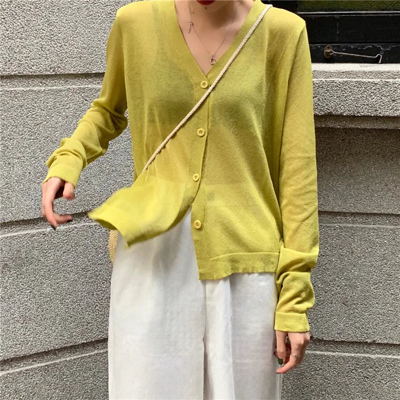 Cardigan Shirt Women Tops Korean Long Sleeve Cardigan Summer Tops V Neck Thin Knitted Sunscreen Shirt Sweater Blusas Mujer E600