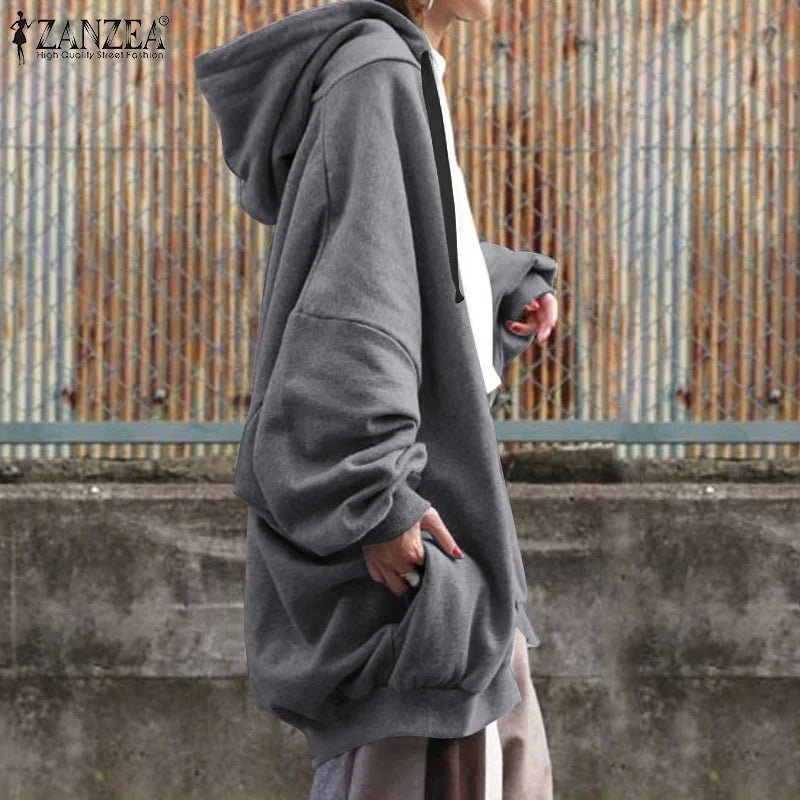 ZANZEA Long Sleeve Korean Style Sweatshirts Hooded Oversize Street Fashion Loose Casual Hoodies Autumn Drawstring Women Outwears